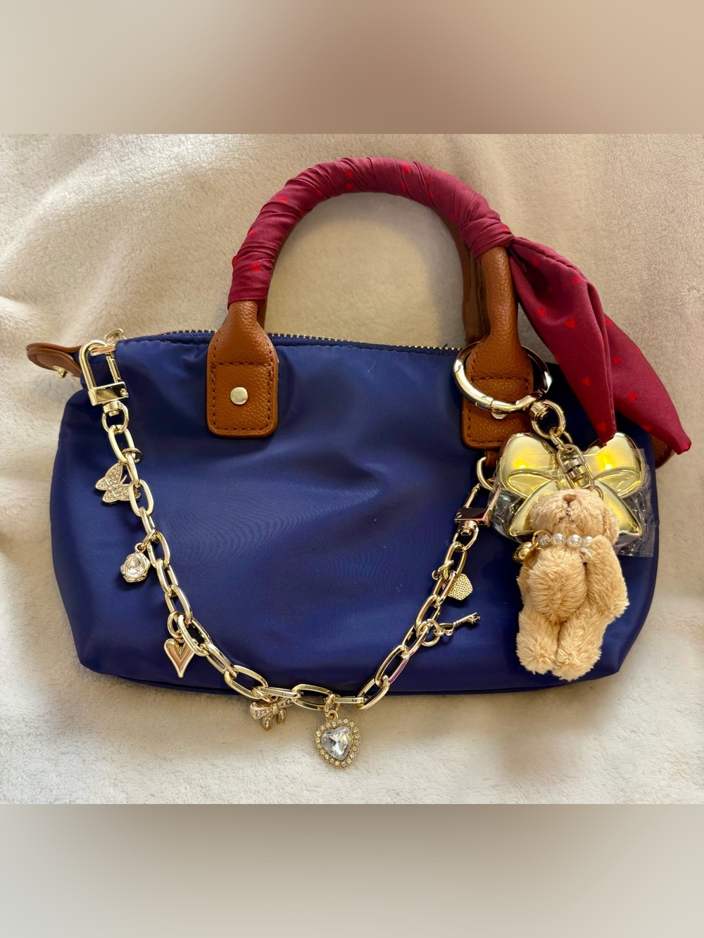 Madden Girl Navy Shoulder Bag with Tan Trim and Red Wrapped Handle